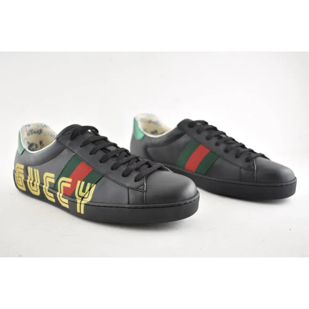 Gucci Mens Black New Ace Guccy Leather Gold Flat Low Top Lace Sneaker G 10 11 - Picture 4 of 12